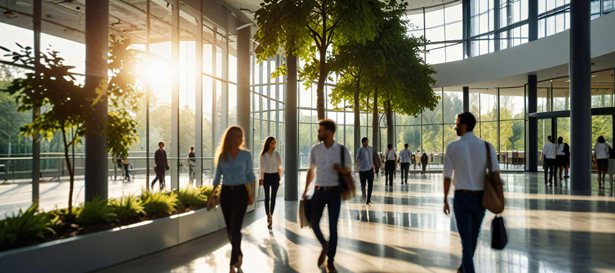 Átrio de edifício com pessoas e árvores.